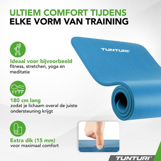 Rolled petrol blue Tunturi fitness mat, 180cm long, extra dik (15mm) for maximum comfort.