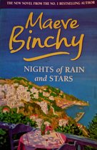 Boekcover 'Nights of Rain and Stars' van Maeve Binchy. Goudkleurige letters op blauwe achtergrond, met een schilderij van een Mediterraanse stad.
