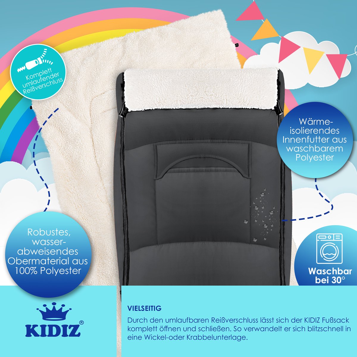 KIDIZ® Voetenzak voor Autostoeltje en Buggy met Ritssluiting - Baby Slaapzak Deken voor Maxi-Cosi & Wandelwagen / Kinderwagen - Antraciet – foto 5