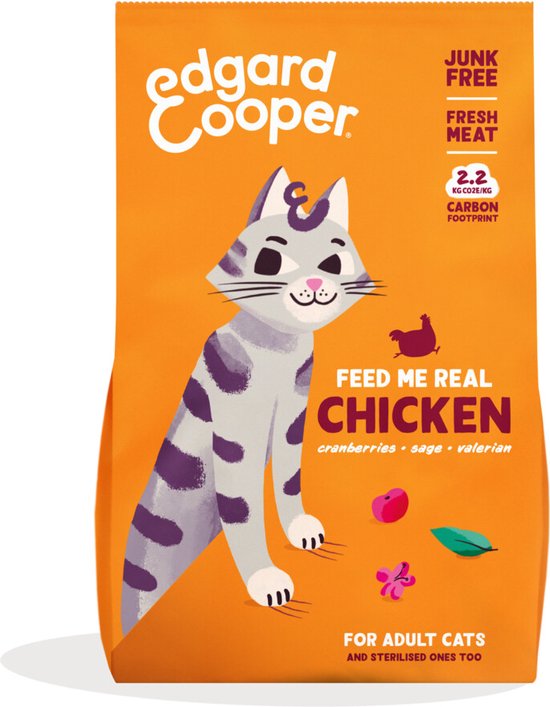 Edgard & Cooper zak kattenvoer met kip, met tekening van een grijze kat en kip, "JUNK FREE" en "FRESH MEAT" vermeld.