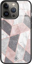 Casimoda® hoesje - Geschikt voor iPhone 13 Pro - Stone grid marmer / Abstract marble - Luxe Hard Case Zwart - Backcover telefoonhoesje - Roze