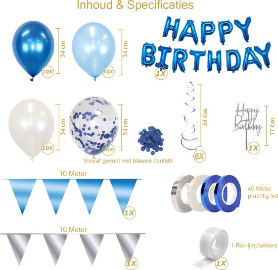 Blauwe & Witte Helium Ballonnen Slingers Verjaardag Versiering Happy Birthday Ballon Kinder Feestpakket Blauw - 53 St - Q2P