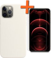 Hoesje Geschikt voor iPhone 14 Pro Hoesje Siliconen Cover Case Met Screenprotector - Hoes Geschikt voor iPhone 14 Pro Hoes Back Case - Wit.