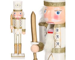 Noël Casse-Noisette Noël | Soldat en bois | Décorations de Noël | Blanc/Or | 38 cm