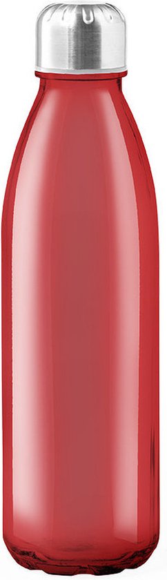 Glazen waterfles/drinkfles rood transparant met RVS dop 650 ml - Sportfles - Bidon