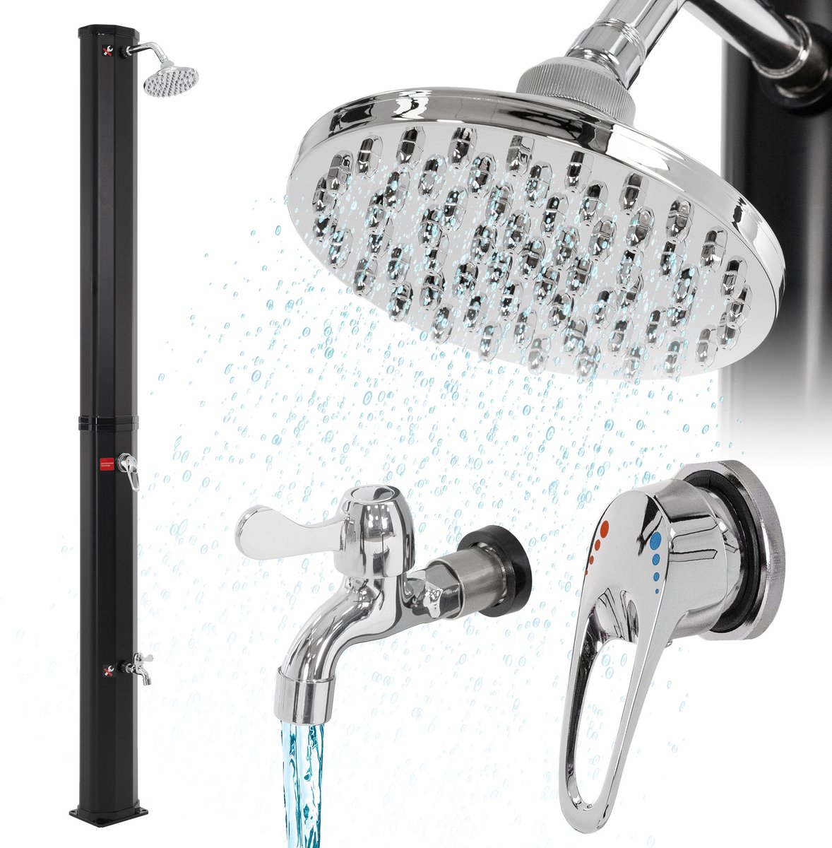 Douche op zonne-energie 35L, zwart, met voetdouche en regendouchekop