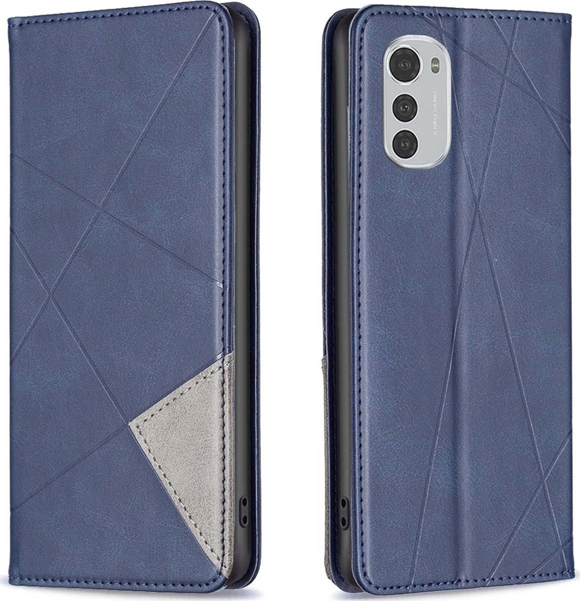 Mobigear Telefoonhoesje geschikt voor Motorola Moto E32s Hoesje | Mobigear Rhombus Slim Bookcase | Pasjeshouder voor 2 Pasjes | Telefoonhoesje voor Pinpas / OV Kaart / Rijbewijs - Blauw