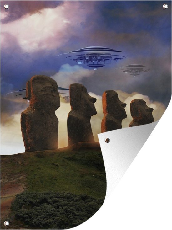 Tuinschilderij Een illustratie van een UFO boven Paaseiland - Jongens - Meisjes - Kinderen - Kids - 60x80 cm - Tuinposter - Tuindoek - Buitenposter