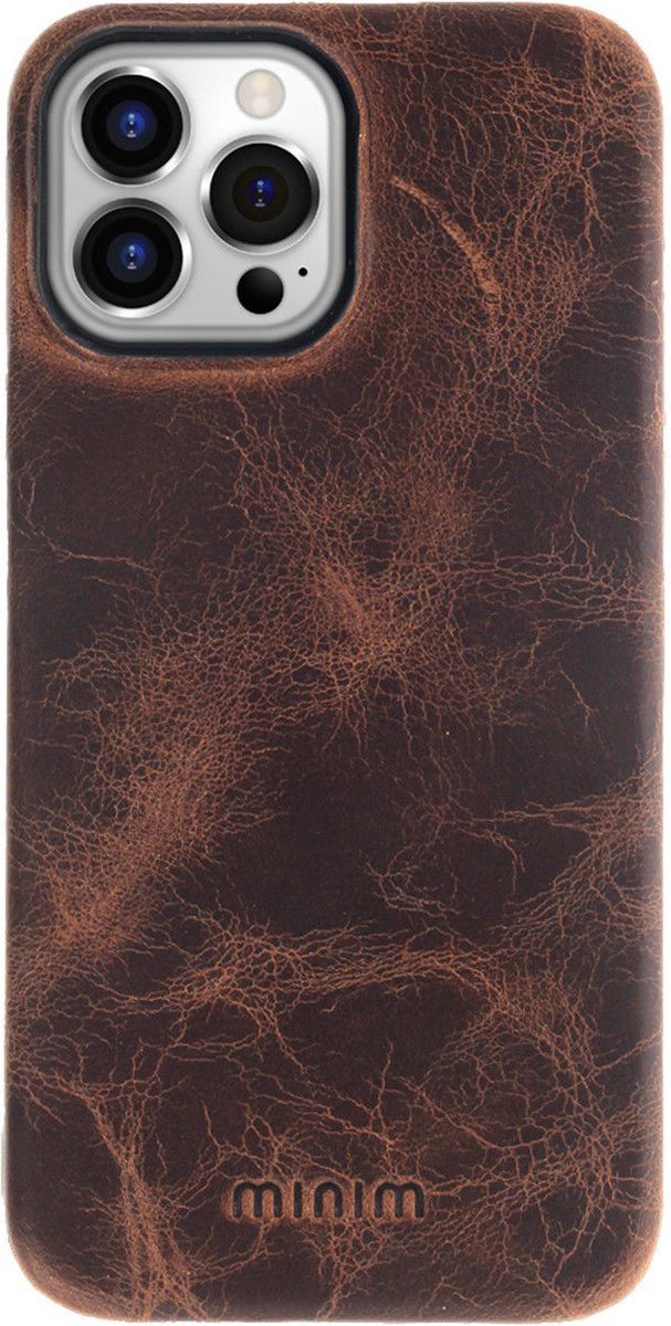 Minim Hoesje Back Cover Echt Leer Bruin Geschikt voor Apple iPhone 14 Pro Max