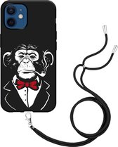 iPhone 12 / 12 Pro Hoesje met Koord Zwart Chimp Smoking - Designed by Cazy