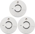 Drie witte FireAngel rookmelders met zwarte ring en testknop.