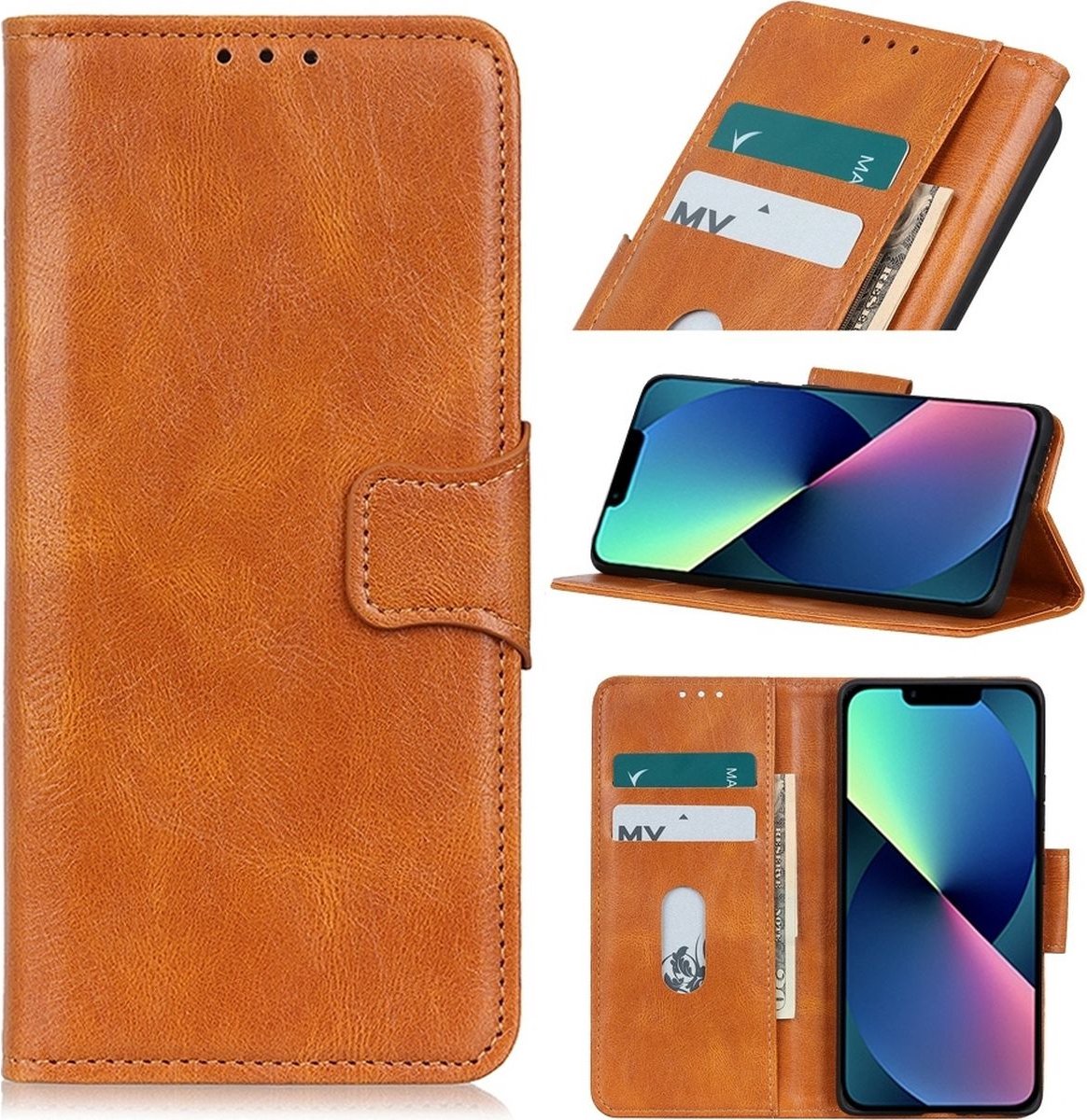 Mobigear Telefoonhoesje geschikt voor Apple iPhone 14 Hoesje | Mobigear Classy Bookcase Portemonnee | Pasjeshouder voor 2 Pasjes | Telefoonhoesje voor Pinpas / OV Kaart / Rijbewijs - Cognac