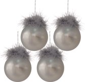 Clayre & Eef Kerstbal Set van 4 Ø 8 cm Zilverkleurig Wit Glas Kerstboomversiering