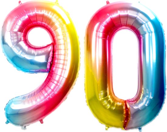 Folie Ballon Cijfer 90 Jaar Regenboog Verjaardag Versiering Helium Cijfer Ballonnen Feest versiering Met Rietje - 86Cm