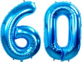 Folie Ballon Cijfer 60 Jaar Blauw Verjaardag Versiering Helium Cijfer Ballonnen Feest versiering Met Rietje - 86Cm