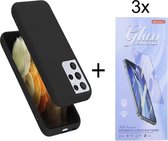 Soft Back Cover Hoesje Geschikt voor: Samsung Galaxy S22 Ultra Silicone - Zwart + 3X Tempered Glass Screenprotector - ZT Accessoires