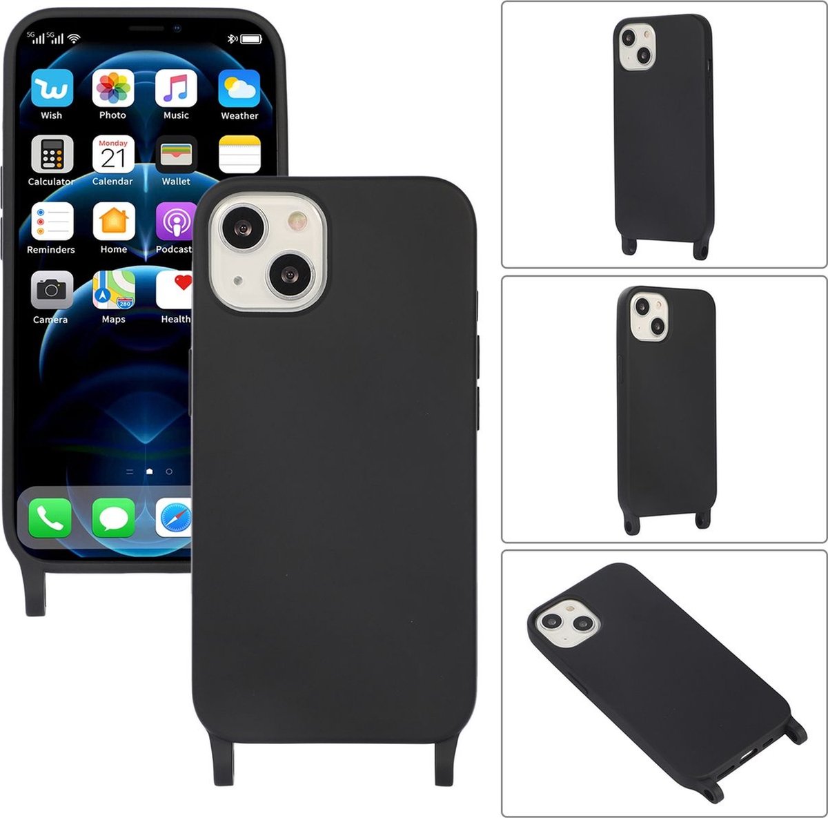 Mobigear Telefoonhoesje geschikt voor Apple iPhone 14 Plus Siliconen | Mobigear Lanyard Hoesje met koord - Zwart