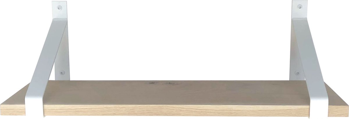 GoudmetHout Massief Eiken Wandplank - 100x25 cm - Wandrek - Industriële Plankdragers - Staal - Mat Wit