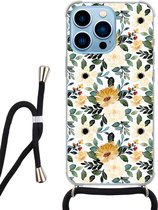 Hoesje met koord - Geschikt voor iPhone 13 Pro Max - Lovely flowers - Verstelbaar zwart koord - Transparant, Geel - Bloemen - Leuke Telefoonhoesjes