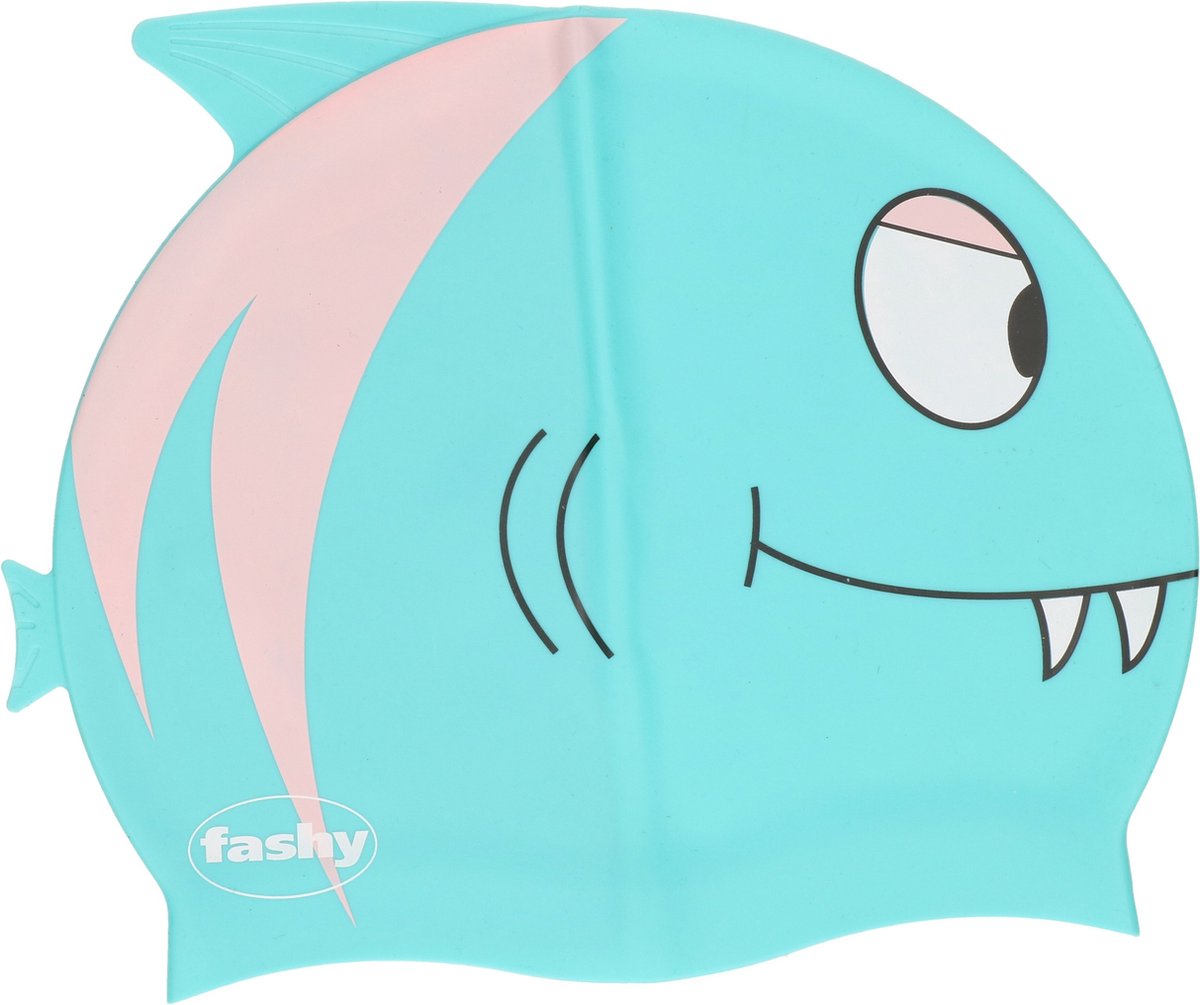Turquoise blauw/roze kinder badmuts met haai/vis - zwemmuts voor kinderen