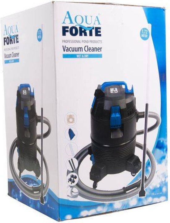 Doos van de Aqua Forte vijverstofzuiger, met afbeeldingen van de stofzuiger en accessoires.