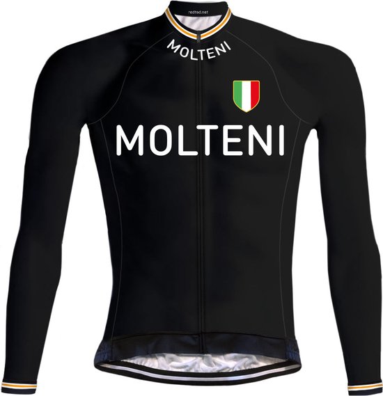 Zwarte wielertrui met lange mouwen, witte 'MOLTENI' opdruk op voor- en achterkant, Italiaans vlag-embleem en oranje/wit gestreepte kraag en boorden.