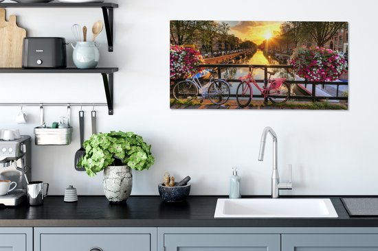 Peinture sur toile - Amsterdam - Vélo - Fleurs - Soleil - Rose - Salon - 80x40 cm - Peintures sur toile - Toile entoilée - Décoration murale