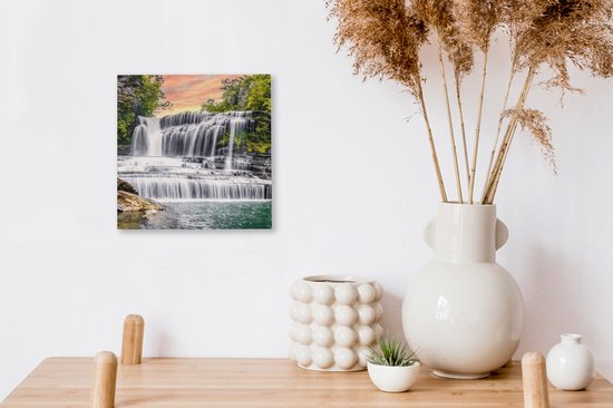 Peinture sur toile - Cascade - Arbre - Plantes - Rocher - Peintures salon - Chambre - Tableaux sur toile nature - Décoration murale - 20x20 cm