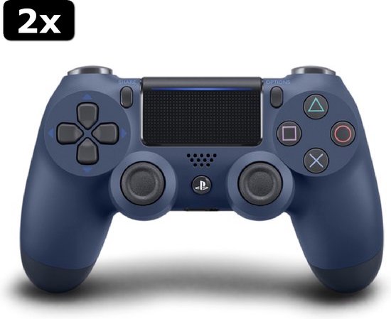 Blauwe DualShock 4 controller, frontaal gefotografeerd, met de logo's en knoppen.