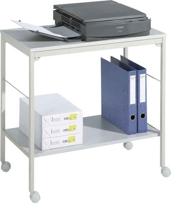 Grijs bureau met wit blad, met printer, papier en twee blauwe ordners.