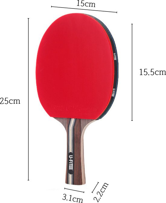 Afmetingen van een rood tafeltennisbat.