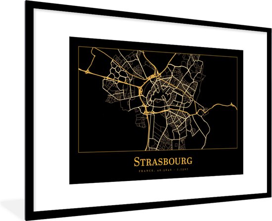 Fotolijst incl. Poster - Kaart - Strasbourg - Goud - Zwart - 120x80 cm - Posterlijst