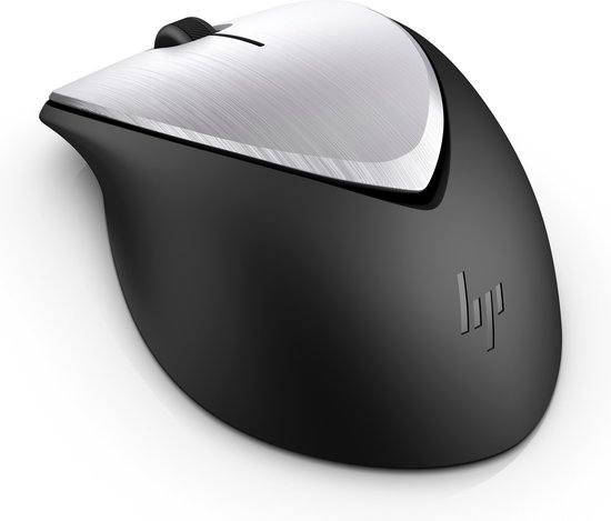 Zwarte draadloze muis met geborstelde metalen accenten, met HP-logo.