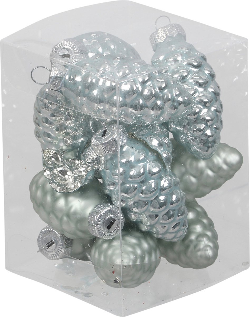 Othmar Decorations 12x Dennenappel kersthangers/kerstballen mintgroen (oyster grey) van glas - 6 cm - mat/glans - Kerstboomversiering