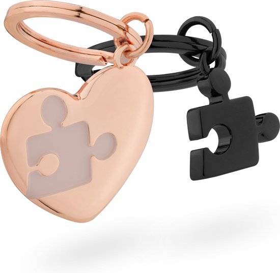 Navaris dubbele sleutelhanger met puzzelhart - Metalen sleutelhangers met deelbaar hartje - Als cadeau voor je geliefde - In roségoud/antraciet