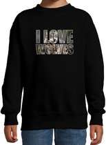 Tekst sweater I love wolves met dieren foto van een wolf zwart voor kinderen - cadeau trui wolven liefhebber - kinderkleding / kleding 98/104