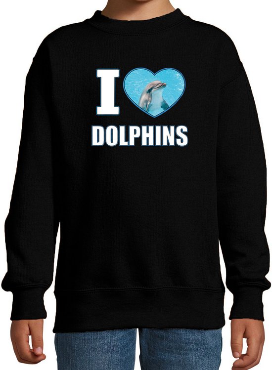 I love dolphins sweater met dieren foto van een dolfijn zwart voor kinderen - cadeau trui dolfijnen liefhebber - kinderkleding / kleding 134/146