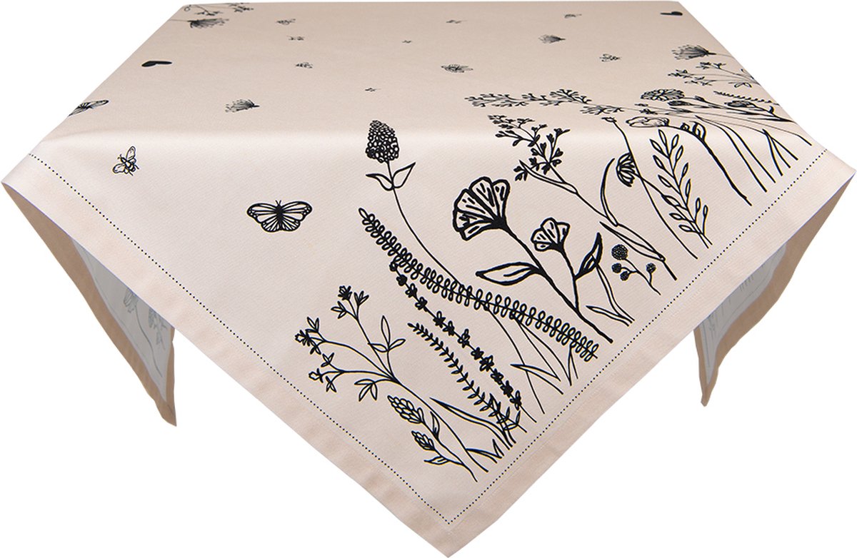 Clayre & Eef Tafelkleed 130x180 cm Beige Zwart Katoen Bloemen Tafellaken