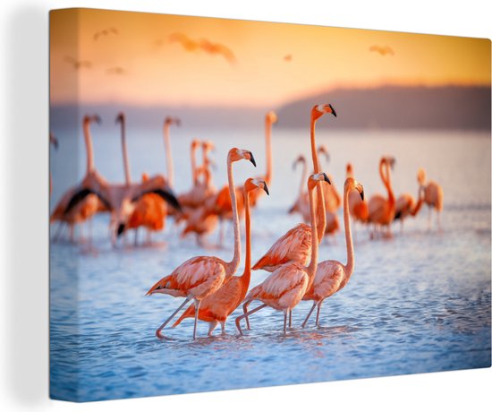 OneMillioncanvasses - Canvas - Schilderij vogels - Flamingo - Zonsondergang - Vogel - Tropisch - Foto op canvas - 90x60 cm - Schilderijen op canvas - Wanddecoratie