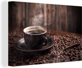 Canvas Schilderij Koffie - Heet - Koffiebonen - 60x40 cm - Wanddecoratie