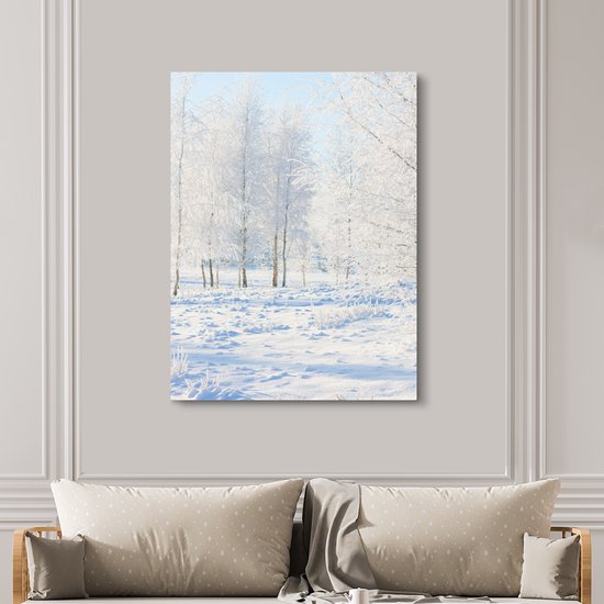 Canvas schilderij 120x160 cm - Wanddecoratie Sneeuw - Bomen - Winter - Muurdecoratie woonkamer - Slaapkamer decoratie - Kamer accessoires - Schilderijen - Kerstdecoratie voor Binnen - Kerstdecoratie Woonkamer - Kerstdecoratie in Huis