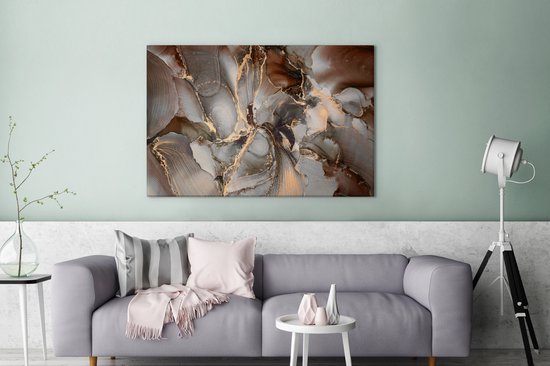 Toile Peinture Grijs - Goud - Marbre - 140x90 cm - Décoration murale