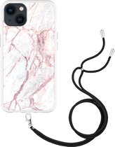iPhone 13 Hoesje met Koord White Pink Marble - Designed by Cazy