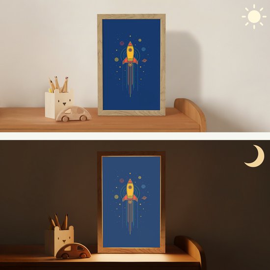 Nachtlampje 20x30 cm - Kinder lamp - Raket - Blauw - Sterren - Tafellamp kinderkamer - Slaapkamer lamp - Bedlamp kinderen - Kinderlampje stopcontact - Wandlamp babykamer - Nachtlampjes van Merkloos — afbeelding 4