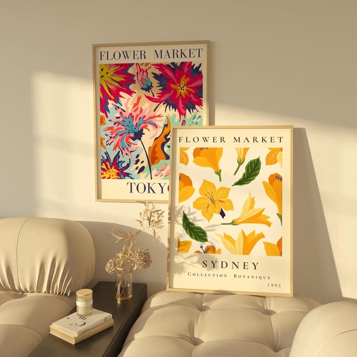 Stunq® 3 dubbelzijdige kunstdruk posterset, 50 cm x 70 cm, stijlvolle wandposter, 6 wandafbeeldingen, dubbelzijdige afbeeldingen (Flower Market, zonder lijst - DIN A3)