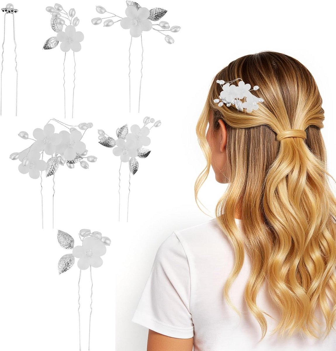 5 Stuks U-Vormige Haarspelden met Zilveren Bloem en Parels - Bruidshaaraccessoires