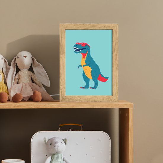 Nachtlampje 15x20 cm - Kinder lampje - Dinosaurus - Blauw - Zonnebril - Tafellamp kinderkamer - Slaapkamer lamp - Bedlamp kinderen - Kinderlampje stopcontact - Wandlamp babykamer - Nachtlampjes van OnlyWow — afbeelding 3