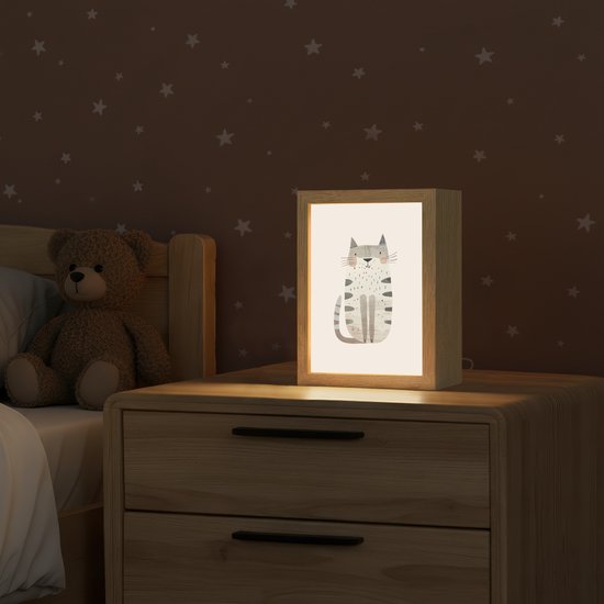 Nachtlampje 15x20 cm - Kinder lampje - Kat - Dieren - Beige - Tafellamp kinderkamer - Slaapkamer lamp - Bedlamp kinderen - Kinderlampje stopcontact - Wandlamp babykamer - Nachtlampjes van OnlyWow — afbeelding 2