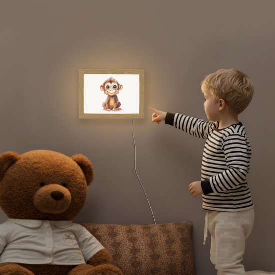 Nachtlampje 20x15 cm - Kinder lampje - Aap - Baby - Jungle dieren - Tafellamp kinderkamer - Slaapkamer lamp - Bedlamp kinderen - Kinderlampje stopcontact - Wandlamp babykamer - Nachtlampjes van OnlyWow — afbeelding 5