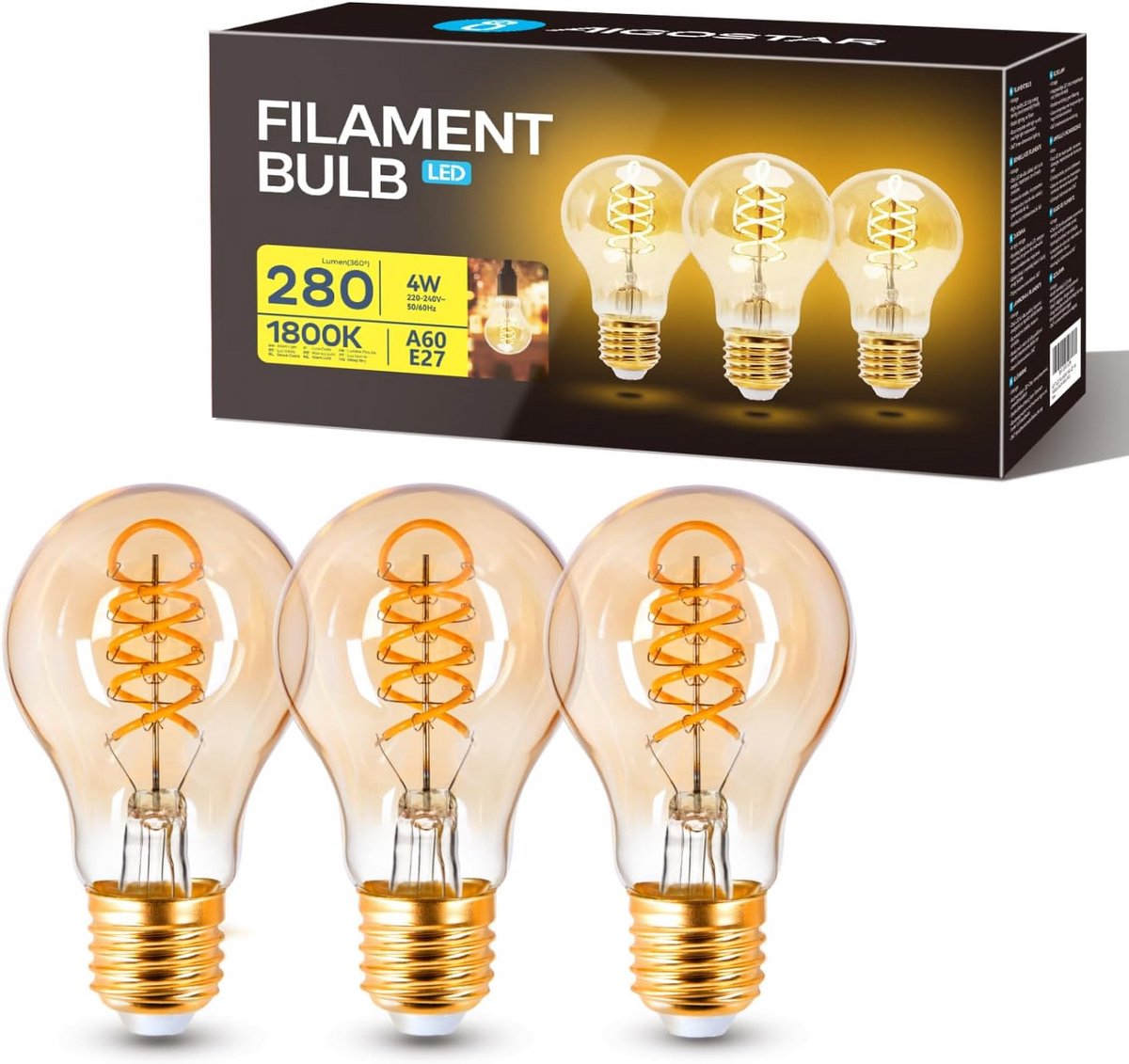 Set van 3 LED Filament Lampen E27 - Extra Warm Wit Licht 1800K - 4W Vintage Edison Stijl - Sfeervolle Amber Gloed